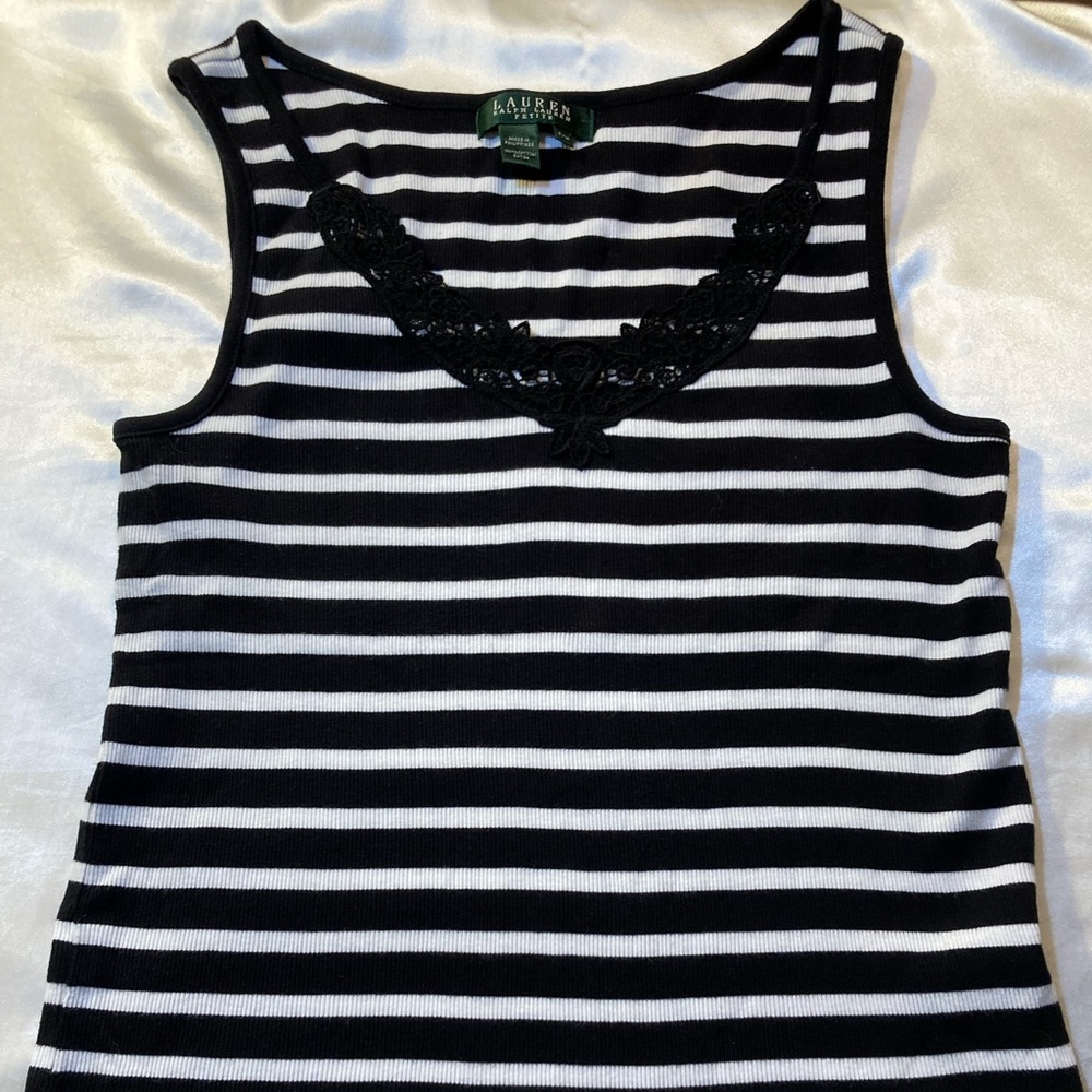 Ralph Lauren Petite Medium cute striped top with decorative lace front! $13